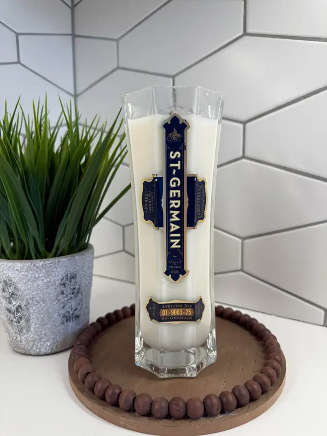 St. Germain Liqueur Candle - Handmade soy candle in upcycled liquor bottle
